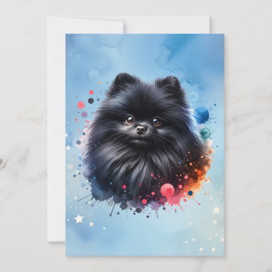 黒ポメラニア犬水彩イラストレーション 招待状 (正面)