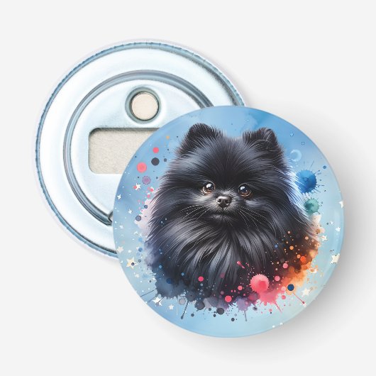 黒ポメラニア犬水彩イラストレーション 栓抜き (正面)