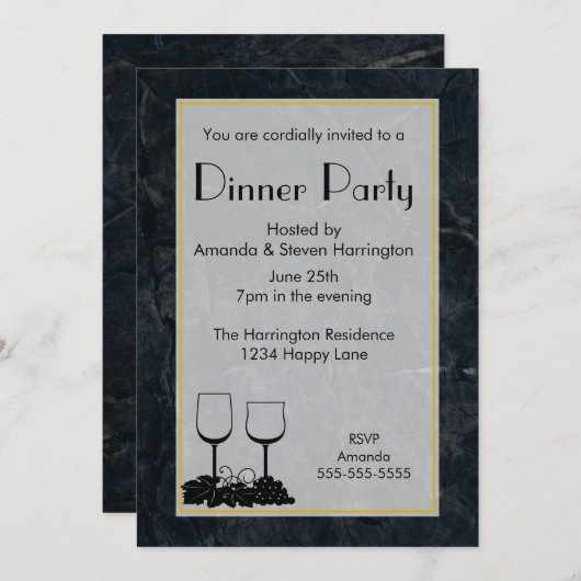 黒マーリーストーンのテクスチャディナーパーティー 招待状 (正面/裏面)