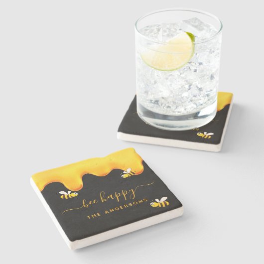 黒ミツバチ幸せでぶつぶつ蜂の甘い蜂蜜モノグラム ストーンコースター (横)