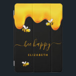 黒ミツバチ幸せでぶつぶつ蜂の甘い蜂蜜モノグラム iPad PROカバー<br><div class="desc">黄金の滴る飾蜂蜜のシックな黒い背景。文字: Bee黄金の手文字のスワッシュとスタイルスクリプトと幸せ。名前をカスタマイズして追加する。</div>