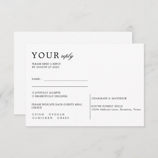 黒ミニマルと白のはっきりしたスクリプ結婚ト 出欠カード (正面/裏面)