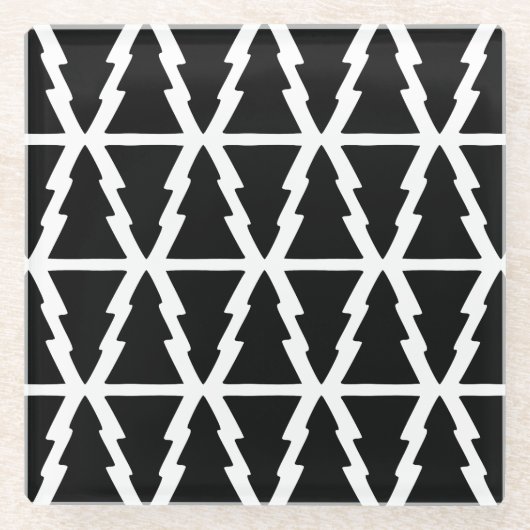 黒ミニマルと白のクリスマスツリーパターン ガラスコースター (正面)