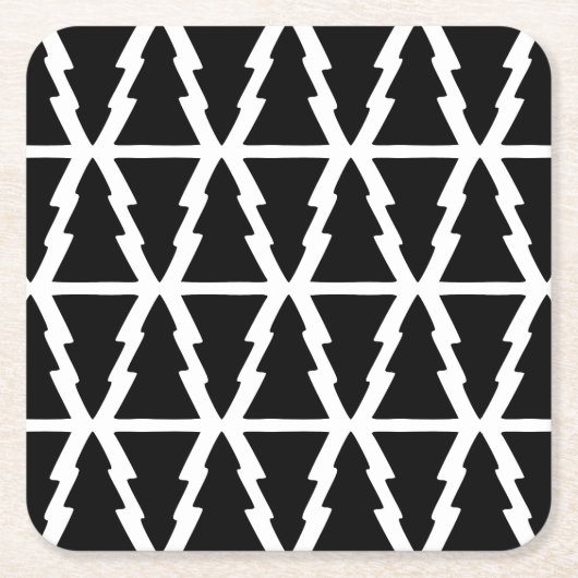 黒ミニマルと白のクリスマスツリーパターン スクエアペーパーコースター (正面)