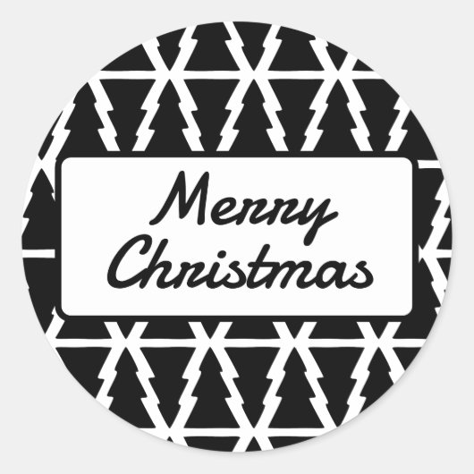 黒ミニマルと白のクリスマスツリーパターン ラウンドシール (正面)