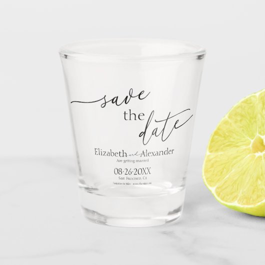 黒ミニマルと白のスクリプファンシート日付の保存 ショットグラス (正面)