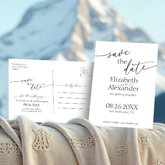 黒ミニマルと白のスクリプファンシート日付の保存 ポストカード