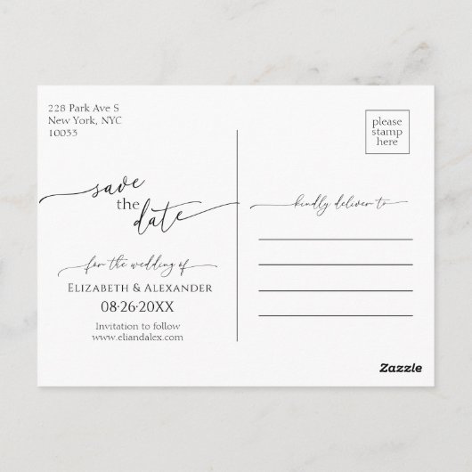 黒ミニマルと白のスクリプファンシート日付の保存 ポストカード (裏面)