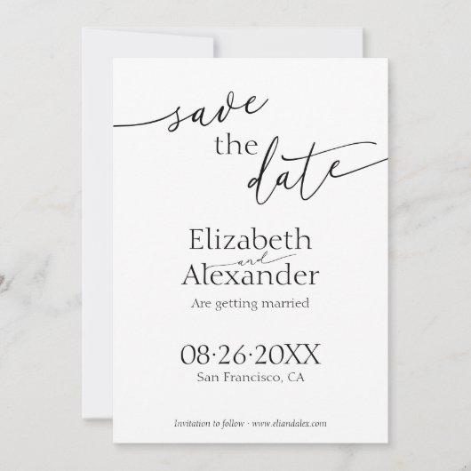 黒ミニマルと白のスクリプファンシート日付の保存 招待状 (正面)