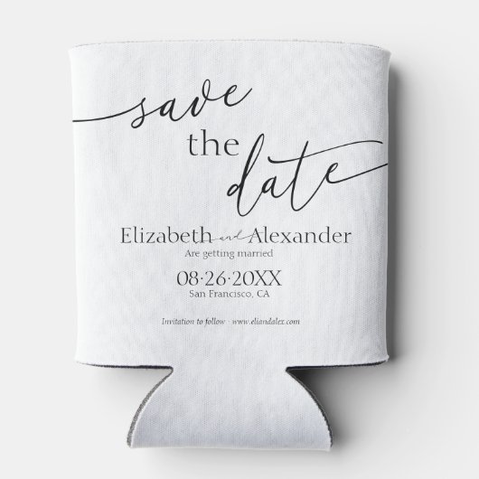 黒ミニマルと白のスクリプファンシート日付の保存 缶クーラー (裏面)