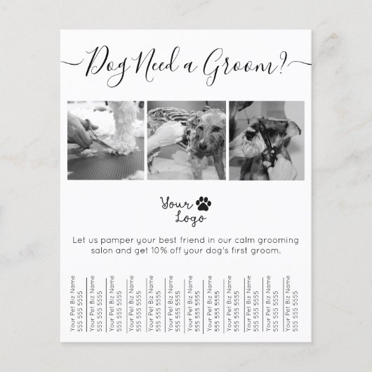 黒ミニマルと白の犬のグルーミング追加ロゴ チラシ (正面)
