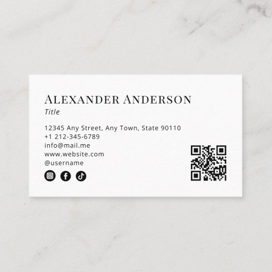 黒ミニマルと白ロゴQRコードの追加 名刺 (裏面)