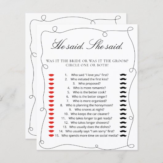 黒ミニマルと言った。彼女はブライダルシャワーゲームを言った (正面/裏面)