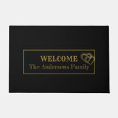 黒ミニマルと金ゴールドのハートへようこそ ドアマット (正面)