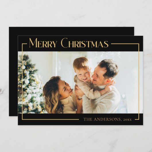 黒ミニマルのクモダンリスマスファミリー写真 シーズンカード (正面/裏面)