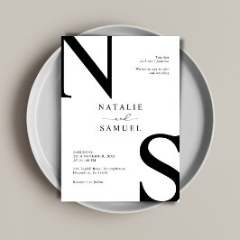 黒ミニマルエレガント白はっきりしたイニシャル結婚ズ 招待状