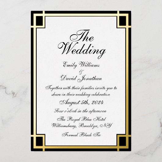 黒ミニマルエレガント金ゴールド結婚白 箔招待状 (正面)