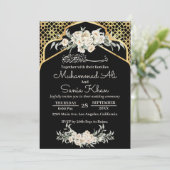黒ミニマルフローラ金ゴールドイスラム結婚アラビア 招待状 (スタンド正面)