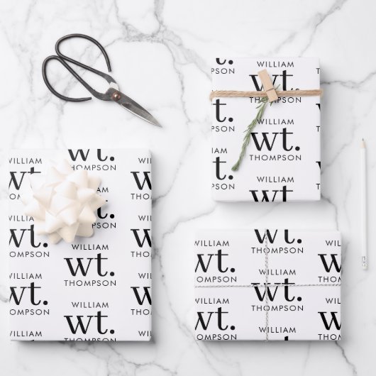 黒ミニマルモダンと白の名モノグラムの前 ラッピングペーパーシート (正面)