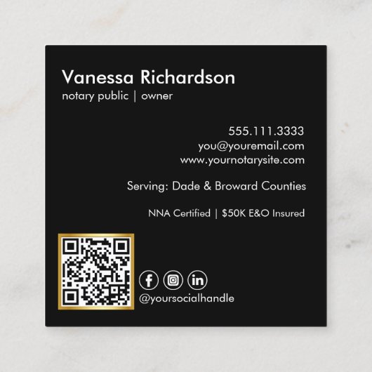 黒ミニマルモダンと金ゴールドQRコード公証人 スクエア名刺 (裏面)