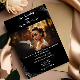 黒ミニマルモダン写結婚真 招待状