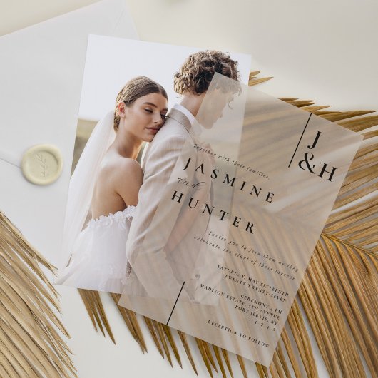 黒ミニマルモダン白モノグラム結婚ズ ベラム紙招待状