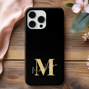 黒ミニマルモダン金ゴールドイニシャルモノグラム iPhone 13ケース