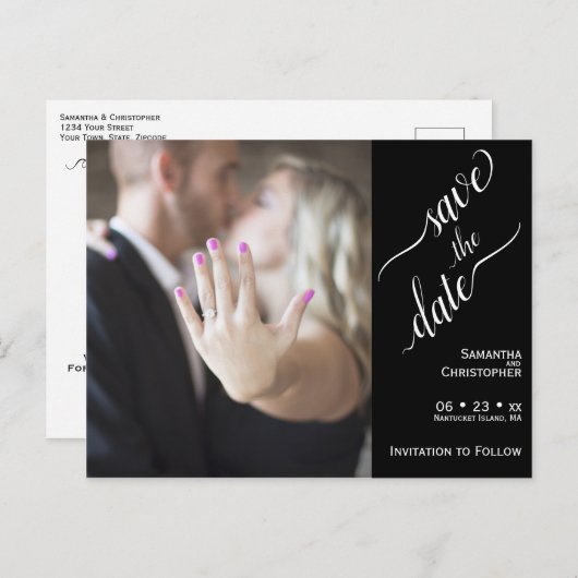 黒ミニマル婚式の白い日付写真を保存 ポストカード (正面/裏面)