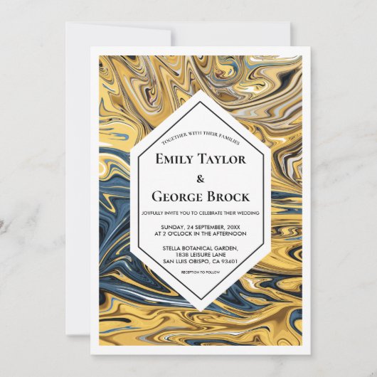 黒ミニマル波と金ゴールド波の抽象芸術アー結婚ト 招待状 (正面)
