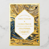 黒ミニマル波と金ゴールド波の抽象芸術アー結婚ト 箔招待状 (正面)