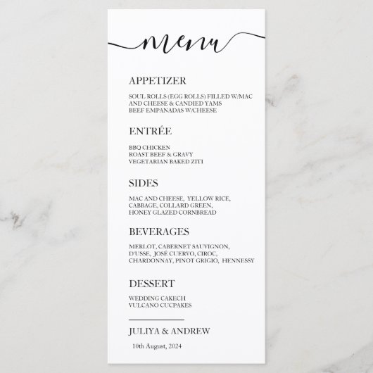 黒ミニマル白のメ結婚ニュー・カード メニュー (正面)