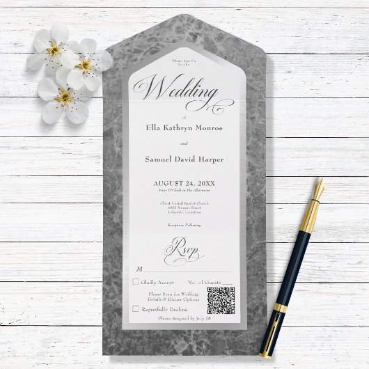 黒ミニマル白の大理石シルバーQRコモダンード オールインワン招待状