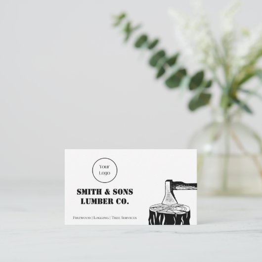 黒ミニマル白アックス木材会社 名刺 (スタンド正面)