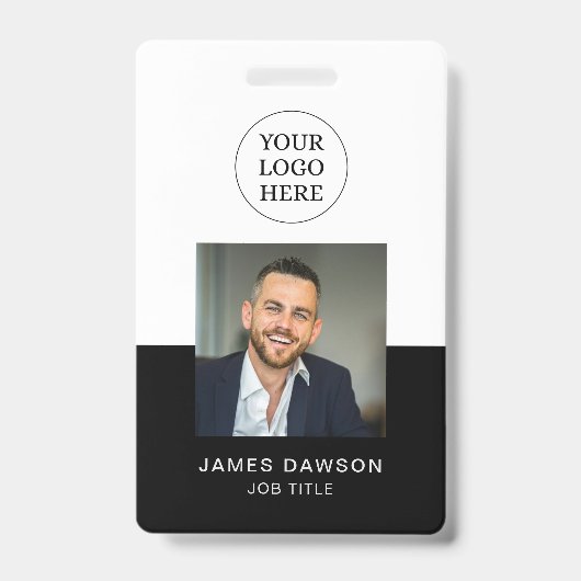 黒ミニマル白オフィス従業員写真ID QR バッジ (正面)