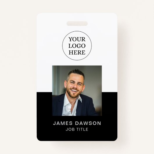 黒ミニマル白オフィス従業員写真ID QR バッジ (正面)