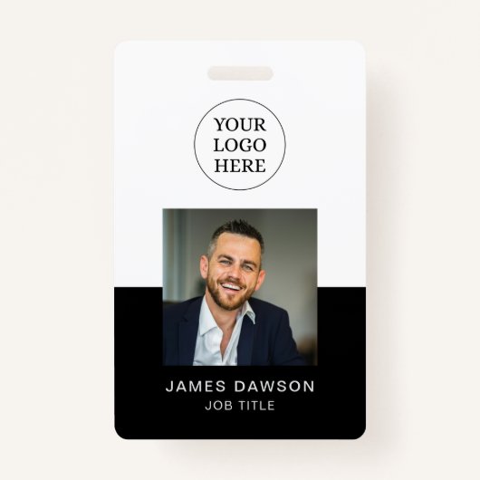 黒ミニマル白オフィス従業員写真ID QR バッジ (正面)