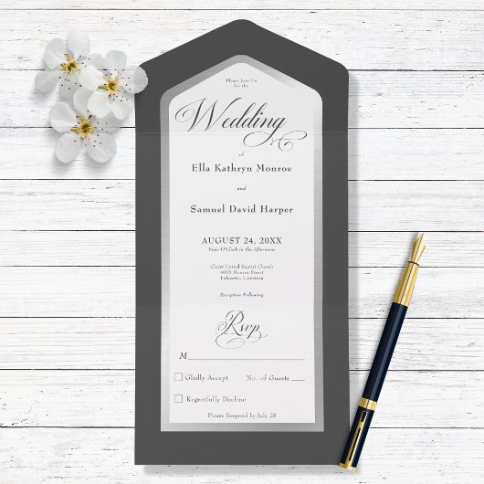 黒ミニマル白シルバーノモダンーディナー オールインワン招待状