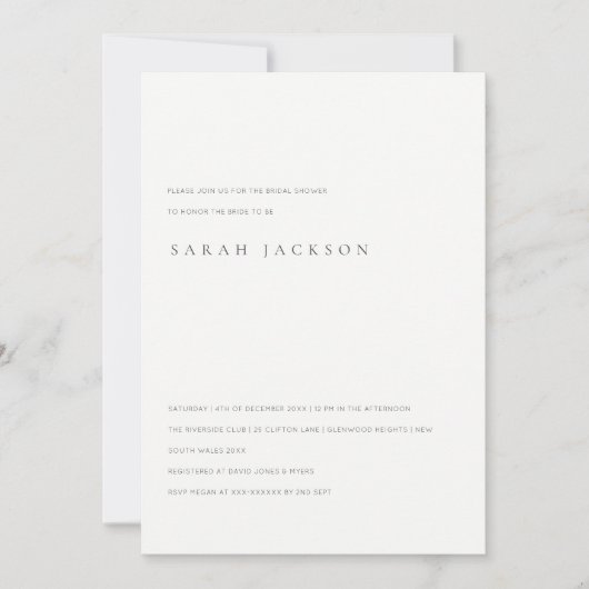 黒ミニマル白タイポグラフィブライダルシャワー 招待状 (正面)