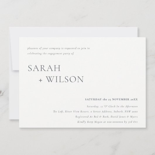 黒ミニマル白タイポグラフィ婚約招待状 サンキューカード (正面)