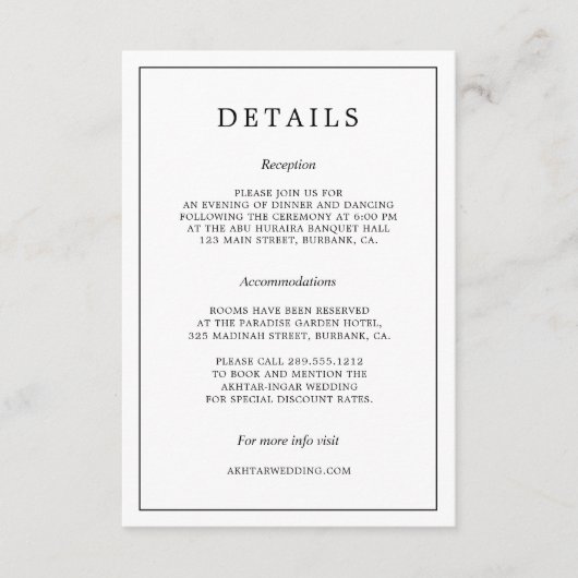 黒ミニマル白タイポグラフィ結婚詳細 エンクロージャーカード (正面)