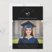 黒ミニマル白ハート写真卒業帽子 案内状 (正面)