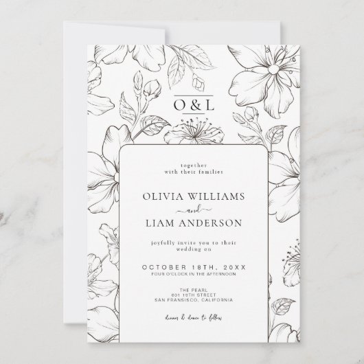 黒ミニマル白フローラシック・モノグラム結婚ズ 招待状 (正面)