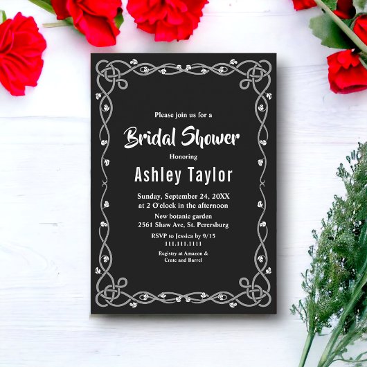 黒ミニマル白フローラモダンブライダルシャワー 招待状