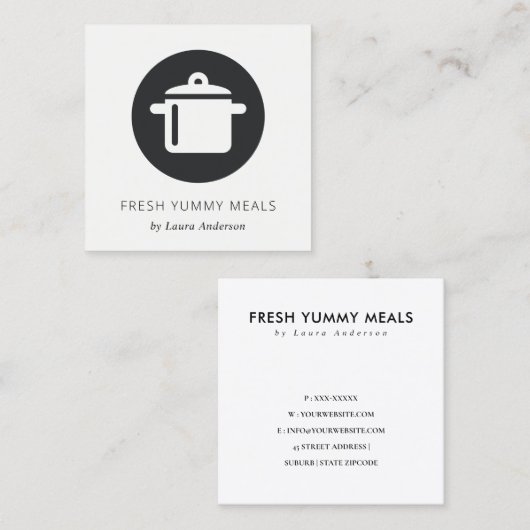 黒ミニマル白ポット料理人ケータリング スクエア名刺 (正面/裏面)
