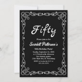 黒ミニマル白モダンフローラ50誕生日 招待状 (正面)