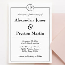 黒ミニマル白モノグラム結婚式招待状