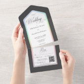 黒ミニマル白レインボーモダンQRコード オールインワン招待状 (貼ってはがせる)