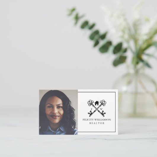 黒ミニマル白ヴィンテージ鍵実在エテート 名刺 (スタンド正面)