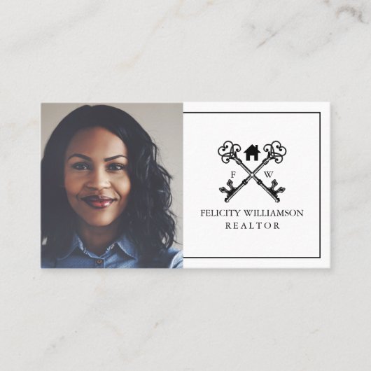 黒ミニマル白ヴィンテージ鍵実在エテート 名刺 (正面)