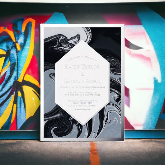 黒ミニマル白抽象芸術結婚銀 箔招待状